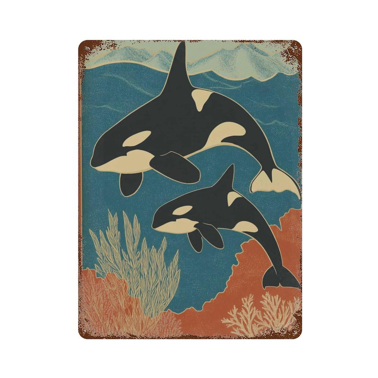 xiaoxiaoshen Orca Whale Retro Ocean Marine Life Killer Underwater Wildlife Nautical Sea Wall Decor Art Metal Tin Poster Modern Home Decor Art Home Bar Shop Decorations Vintage Sign 40x30cm