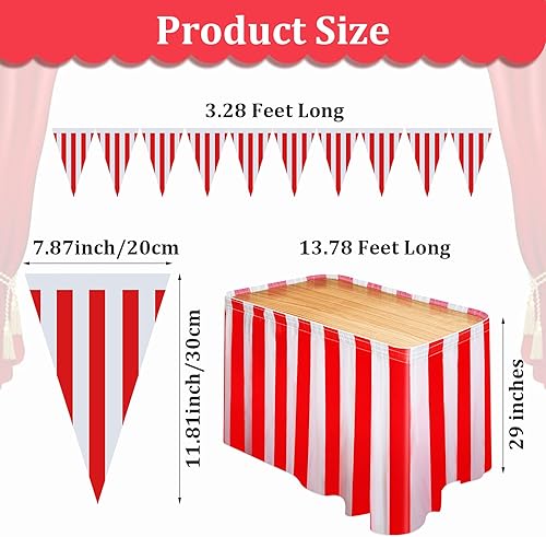 Miniatura 3 de Tegeme Paquete de 15 faldas de mesa de carnaval a rayas rojas y blancas, 165 x 30 pulgadas, manteles desechables de carnaval con banderines a rayas