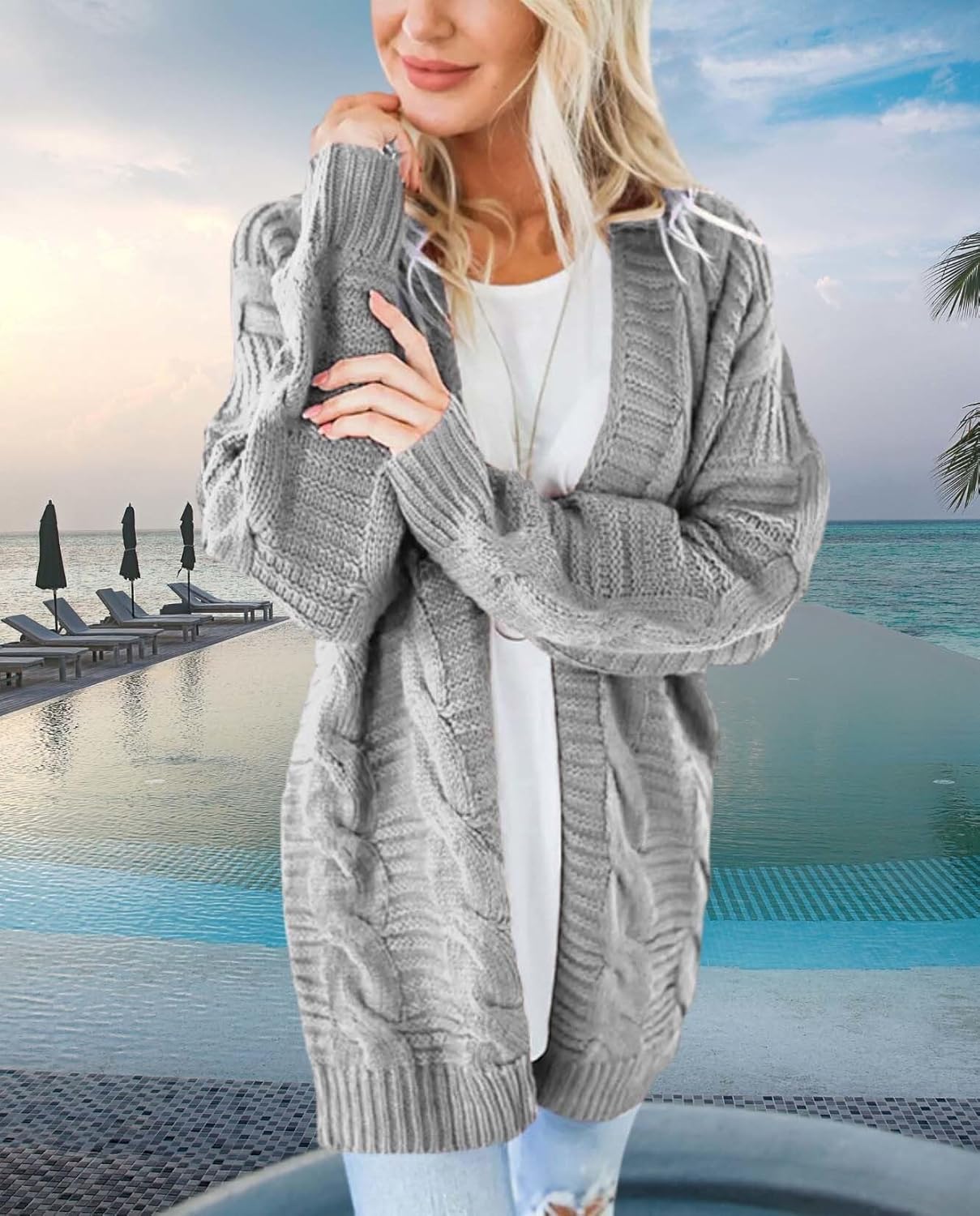 Long Sleeve Cable Knit Womens Cardigan Oversized Long Sweater Loose Casual Solid Color Mid Length Chunky Style - Image 4