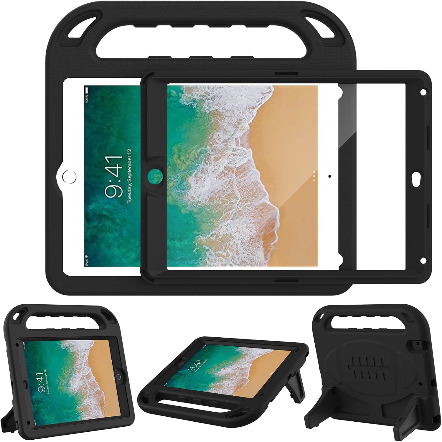LTROP Kids Case for iPad 6th/5th Generation - iPad 9.7-Inch Case 2018/2017, iPad Air 2 Case for Kids, Built in Screen Protector, Shockproof Handle Stand Case for iPad 6th/5th Gen/Air 2/Air 9.7, Black