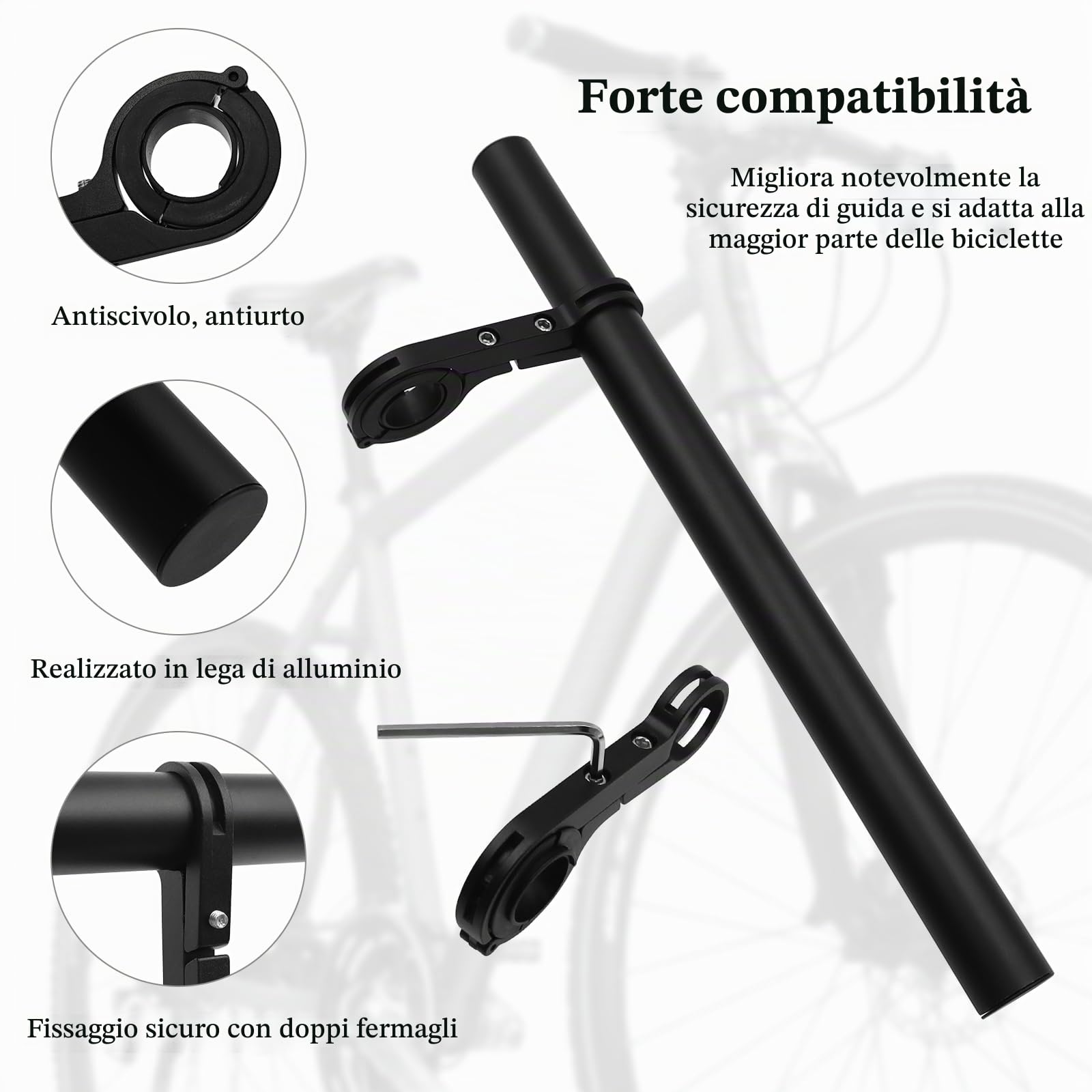 CONNECTION 30 cm Estensione Manubrio Bicicletta Estensore per Manubrio per manubri 22-33 mm Lega di Alluminio Prolunga Manubrio Bici con Chiave a Brugola Manubrio Extender per GPS Cellulare Tachimetro