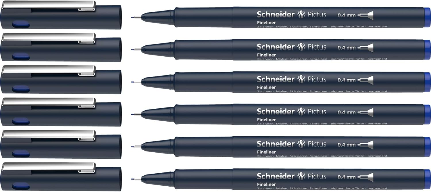 Schneider Pictus Fineliner (Line Width 0.4 mm, Indelible Pigment Liner, Metal-Encased Tip, 85% Recycled Plastic Casing) Pack of 6, Blue