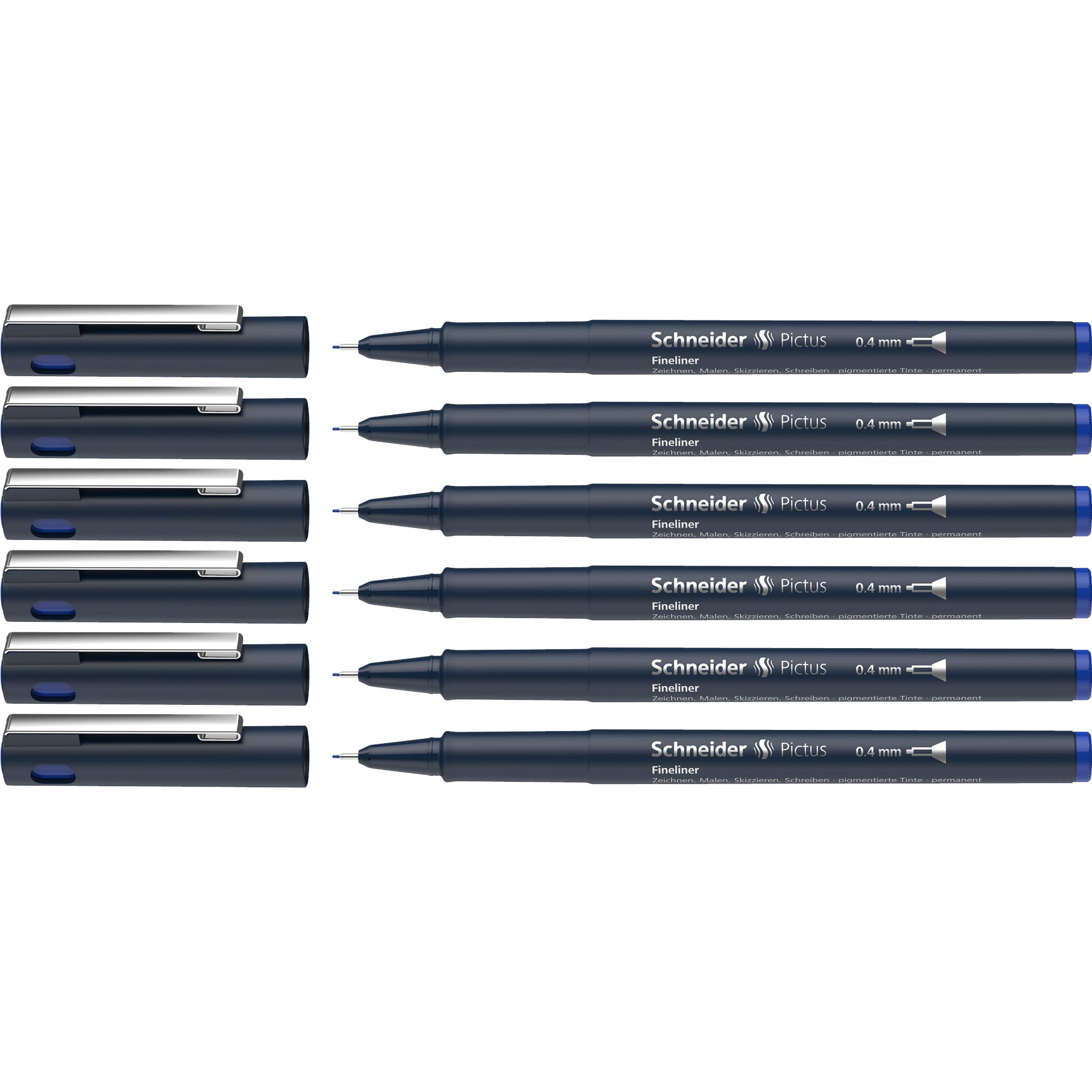 Schneider Pictus Fineliner (Strichstärke 0,4 mm, dokumentenechte Pigmentliner, metallgefasste Spitze, Gehäuse aus 85% recyceltem Kunststoff) 6er Pack, blau