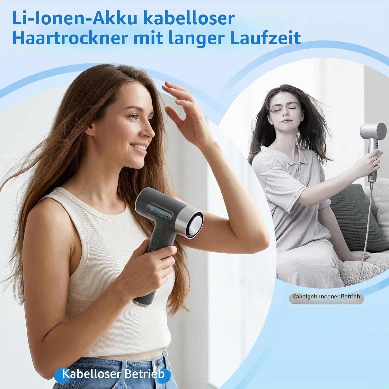 Akku Föhn Kabellos mit 27000mAh & 100 Stufen, Wiederaufladbarer Haartrockner mit 10W U/min Motor, Tragbarer Fön für Reise Camping Zuhause – 18W USB-C Schnellladung