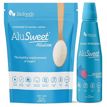 AluSweet Allulose Stevia Drops Liquid Sweetener 6oz + Allulose Zero Calorie Sweetener 12oz - Zero Calories, Gluten-Free, Plant-Based, Ideal for Baking, Coffee & Beverages