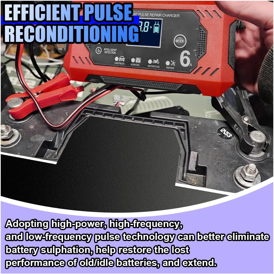 12V 6A Car Battery Charger, Lead Acid Batteries Trickle Charger Maintainer with Temperature Compensation, Smart Automatic Battery Pulse Repair & Desulfator for Car Truck Lawn Mower Boat