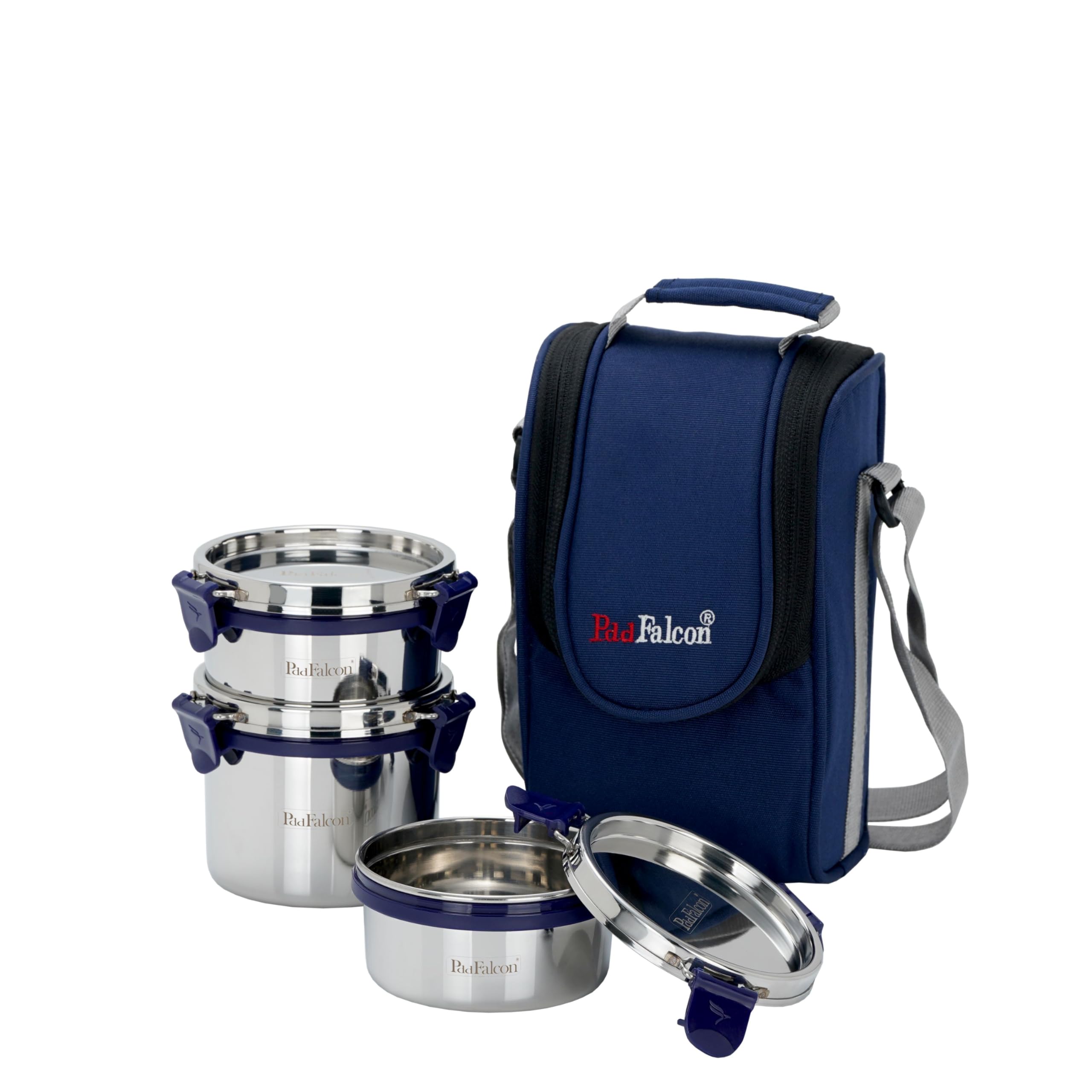Pdd Falcon Stainless Steel Eco Nxt Lunch Box, 3 Containers with Insulated Bag, Spoon & Additional Clamp,100% Leak Proof, Blue-800 ml (2 pc - 300 ml Each, 1 pc - 200 ml)
