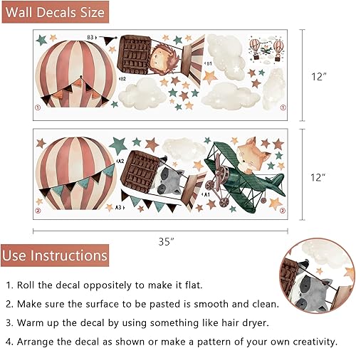 Miniatura 2 de Yovkky Calcomanías de pared de globo aerostático para avión, lindos animales, aviones, león, zorro, mapache, nube, estrellas, neutro, decoración de