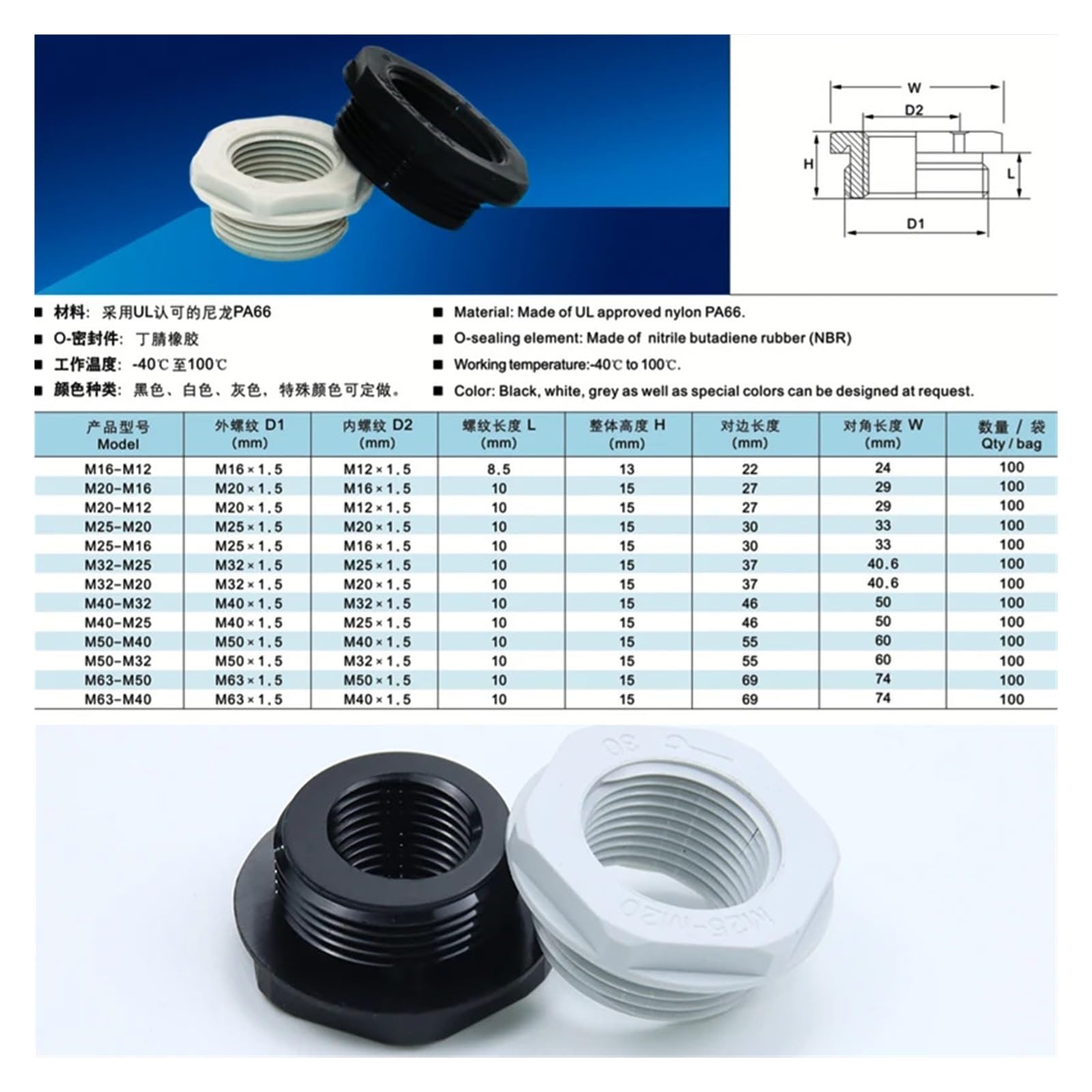 10 piezas de anillo reductor de nailon for conversión de rosca interna, rosca externa, conector de cobre, M25 a M20, junta de cambio de rosca métrica(M16 to M12 BK 10pcs)