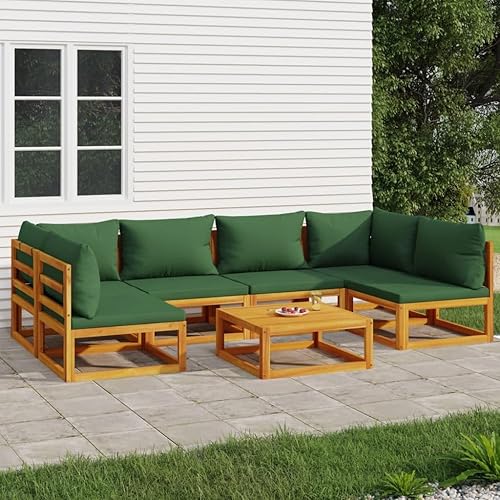 7-Piece Patio Lounge Set with Green Cushions Solid Acacia Wood Outdoor Furniture Set for Balcony Porch Garden Backyard Small Space Modern Modular