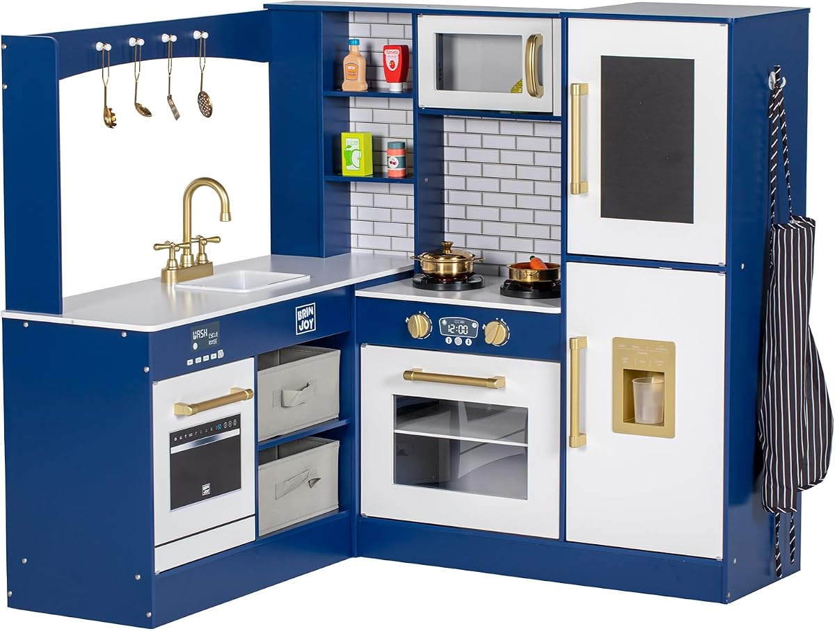 BRINJOY Corner Play Kitchen for Kids, Wooden Toddler Kitchen Playset w/Faucet, Sink, Microwave, Oven, Apron, Blackboard, Cabinets, Pretend Cooking Toys w/Sound & Light Gift for Ages 3+ (Blue)