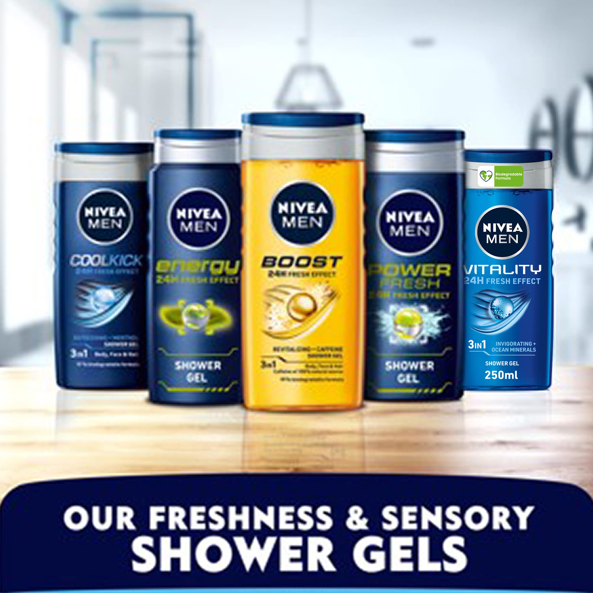 NIVEA MEN Vitality Fresh Shower Gel 250ml – Revitalising Body Wash & Shampoo for Men with an Uplifting Fresh Scent, Rich Lather Cleans Body and Hair for a Fresh, Revived Feel Every Day