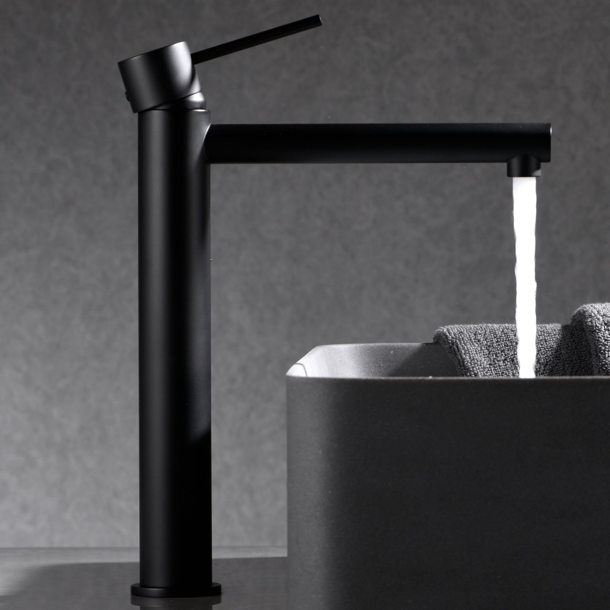 IMEX - Grifo Lavabo Negro Caño Alto | Grifo para Lavabo de Baño con Agua Fría y Caliente | Grifería Monomando Efeto Cascada con Caño de Latón | Ahorro de Agua | Serie Milos Stick | Color Negro Mate