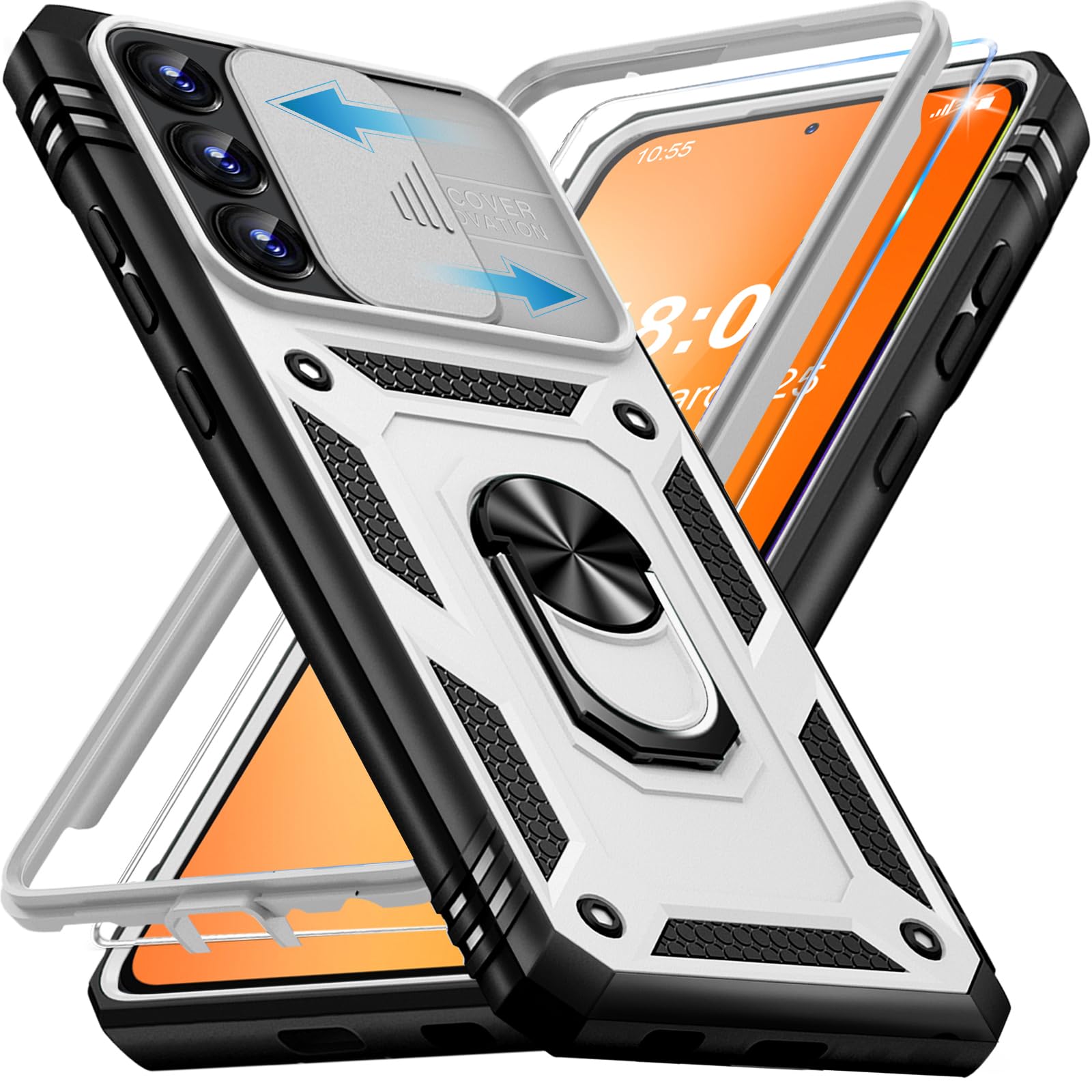 Giyer für Samsung Galaxy A54 5G Hülle mit Schutzfolie, Handyhülle Galaxy A54 5G mit Kameraschutz Kartenschlitz 360° Metall Ring Ständer Stoßfest Bumper Schutzhülle Samsung A54 6.4" Case (Weiß)