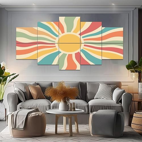 Miniatura 2 de Paneles de pared acústicos insonorizados, tapiz solar vintage, estilo bohemio, estilo retro de los años 70, salida del sol, arco iris, autoadhesivo,