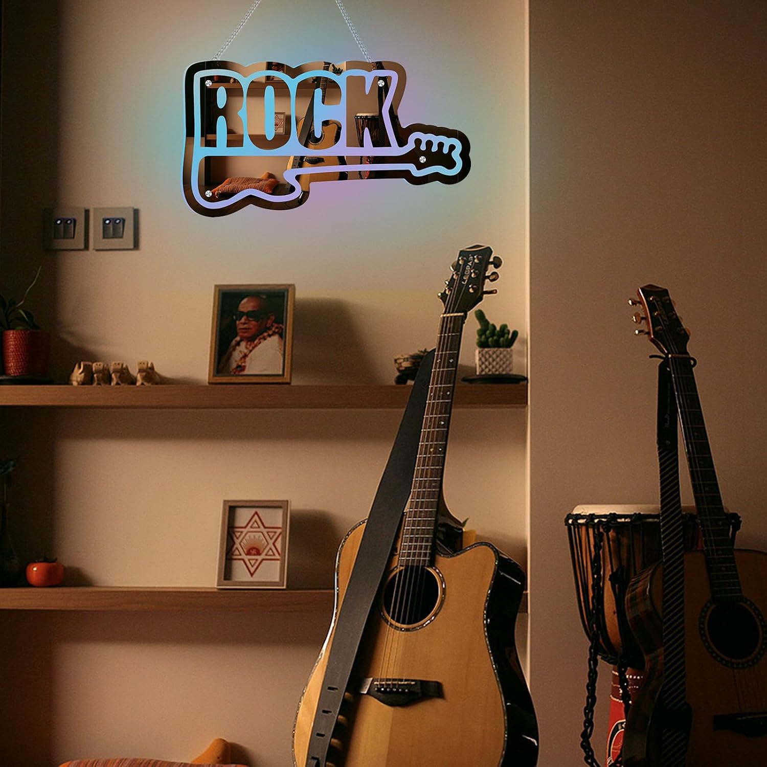 ROCK Neon Sign with Guitar Design Color Changing Mirror LED Wall Light App Control DIY Color Live Music Neon Light Music Party Bar Pub Decor LED Guitar Gift for Kpop Fans Guitar Players