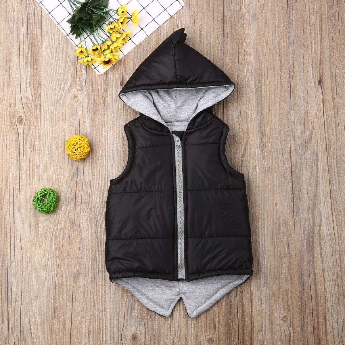 Toddler Baby Girl Boy Hoodies Vest Outwear 3D Dinosaur Sleeveless Waistcoat Warm Puffer Jacket Autumn Winter Clothes (B-Black, 6-12 Months)
