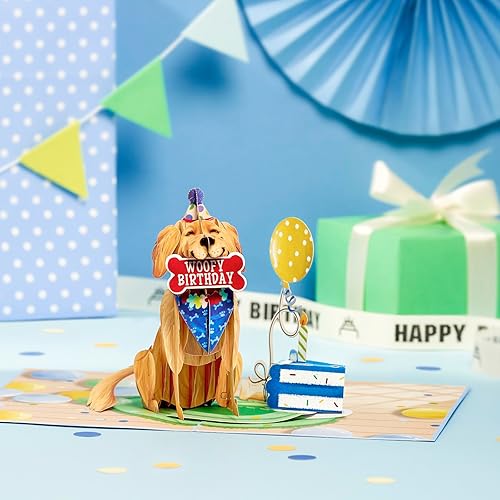 Miniatura 4 de Tarjeta desplegable de cumpleaños, Dog Woofy, lindo Golden Retriever con hueso, globo amarillo, pastel, vela, tarjeta de felicitación 3D, regalos
