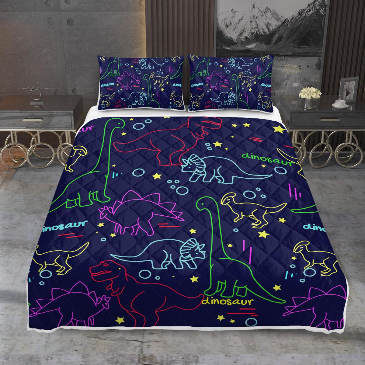 MILANKET 3pcs Colorful Dinosaurs Print Quilt Set Full Size for Kids Dark Blue Bedspread Coverlet Lightweight Microfiber Bedding Set with 2 Pillow Shams