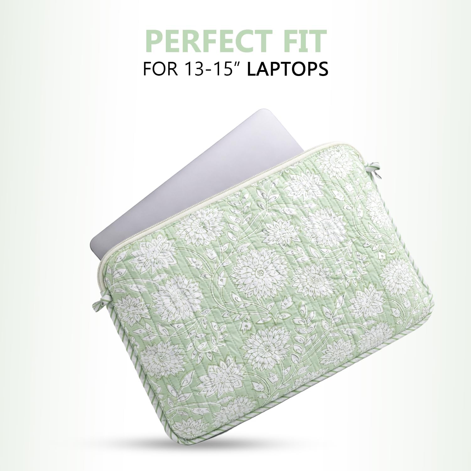 Quilted Laptop Sleeve Case 13–15.6 Inch | Handmade Block Printed Cotton Cover with Zipper | Padded Case for MacBook Air M4 2025 M3 M2 M1 & MacBook Pro M5 M4 Pro/Max (Sage Green)
