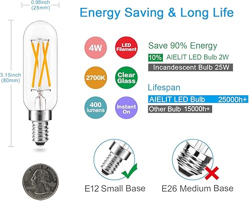 Miniatura 3 de Bombilla LED E12 (regulable 0  100%), bombillas de luz T8 de Aielit, 4 W equivalentes a 40 W incandescente, filamento vintage, bombilla de