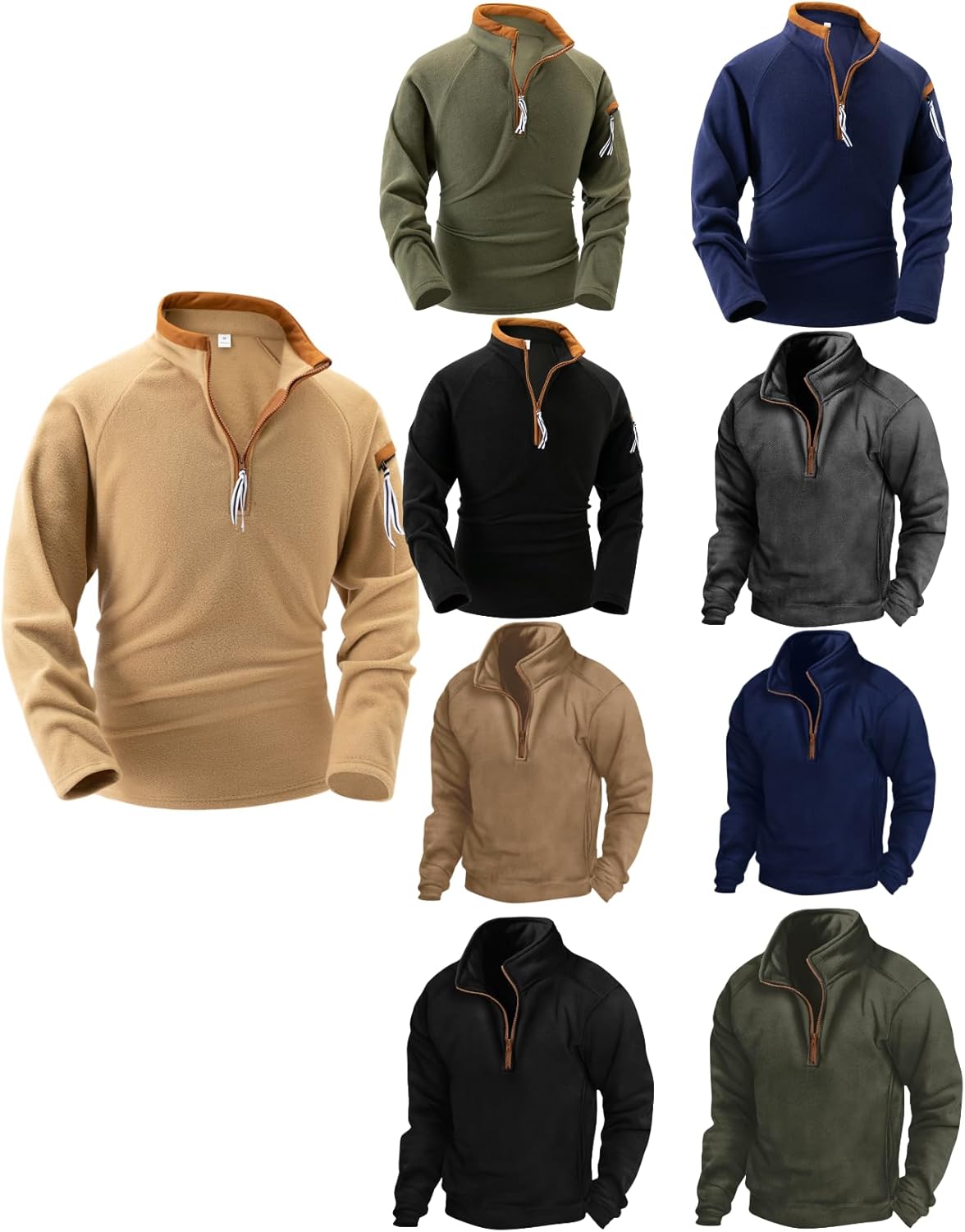 Mens Stand Collar Half Zip Warm Fleece Fall Sweatshirt Long Sleeve Slim Fit Tactical Shirt with Arm Zipper pocket - Image 3