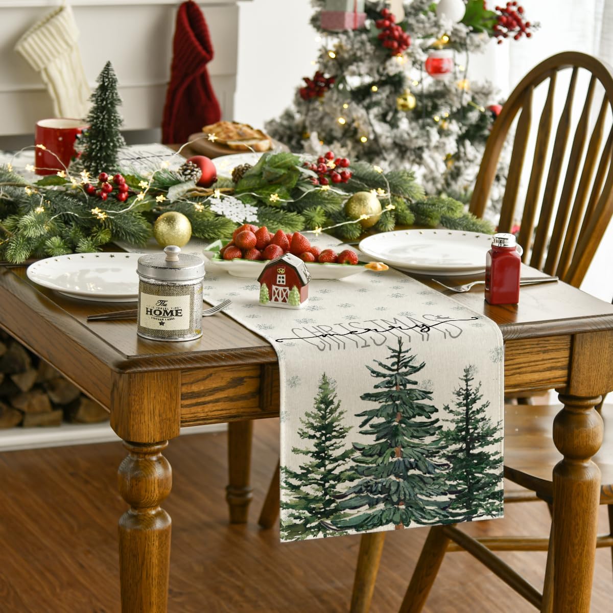 Caminho de mesa de feliz Natal com floco de neve de pinheiro bege, decoração de mesa de jantar de cozinha de inverno sazonal para decoração de festa em casa 33 x 182 centímetros Caminho de mesa de feliz Natal com floco de neve de pinheiro bege, decoração de mesa de jantar de cozinha de inverno sazonal para decoração de festa em casa 33 x 182 centímetros