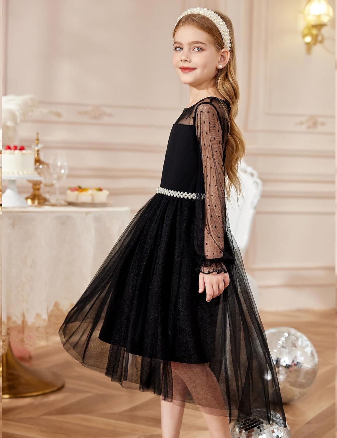 Arshiner Girls Dresses Contrast Mesh Long Sleeve Twirly High Low Birthday Party Formal Dress - Image 3