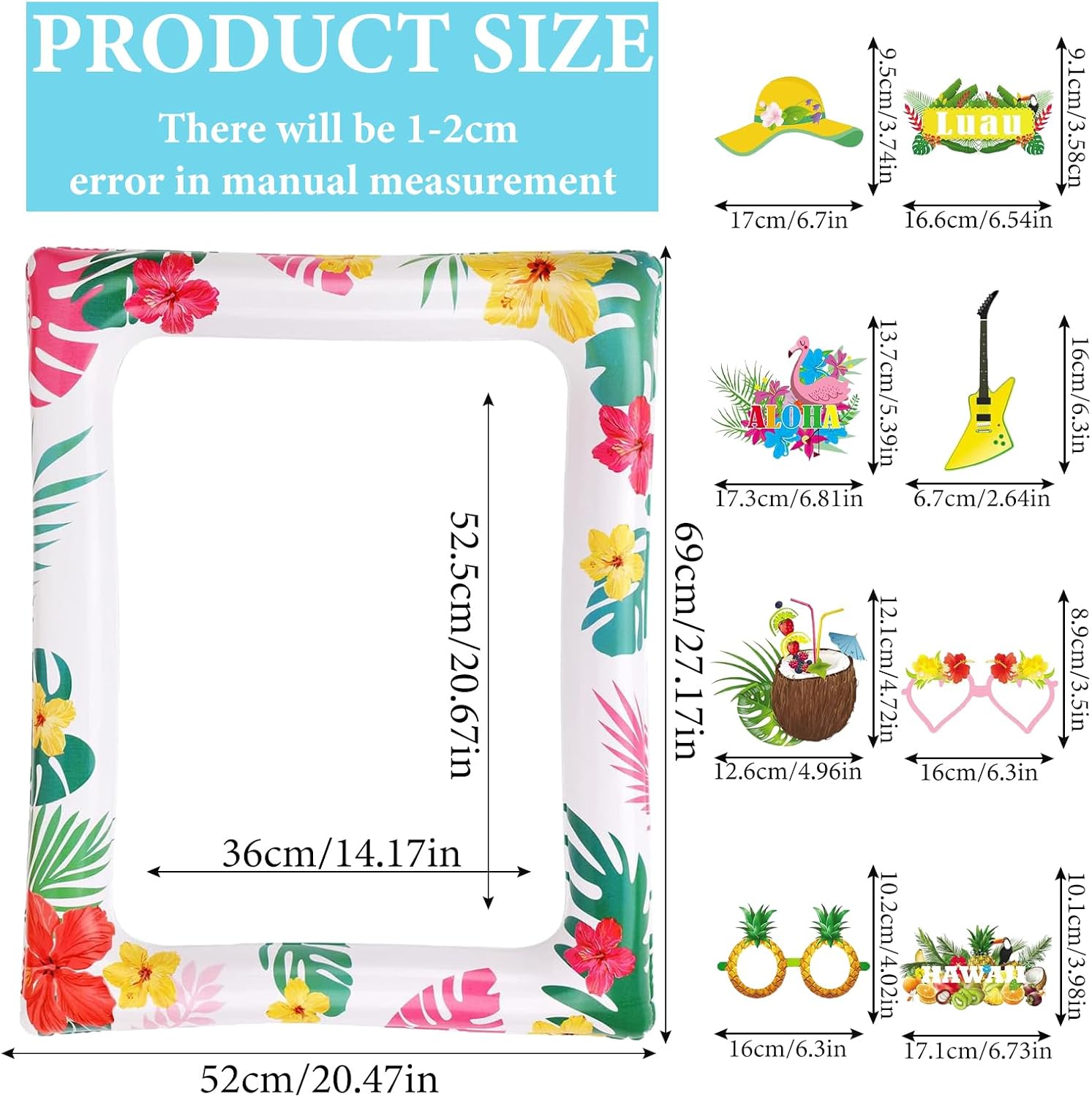 Inflatable Hawaiian Photo Booth Frame with 29Pcs Props Kit - Luau Selfie Frame for Summer Beach, Pool & Tropical Party Decorations