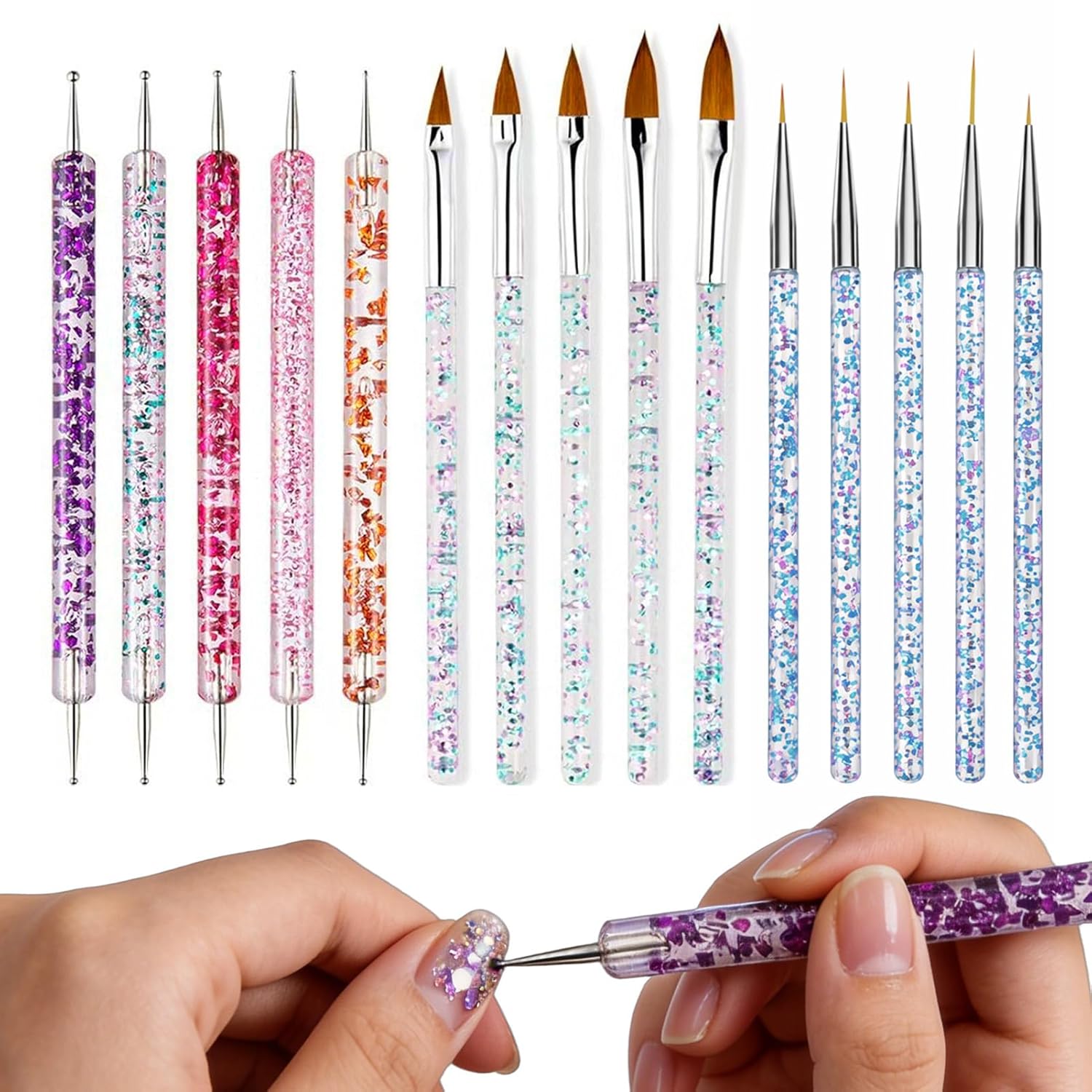 15 Pcs Pink Glitter Dotting Nail Art Brush Set Multi-Functional Complete Manicure Tool Kit for Home DIY