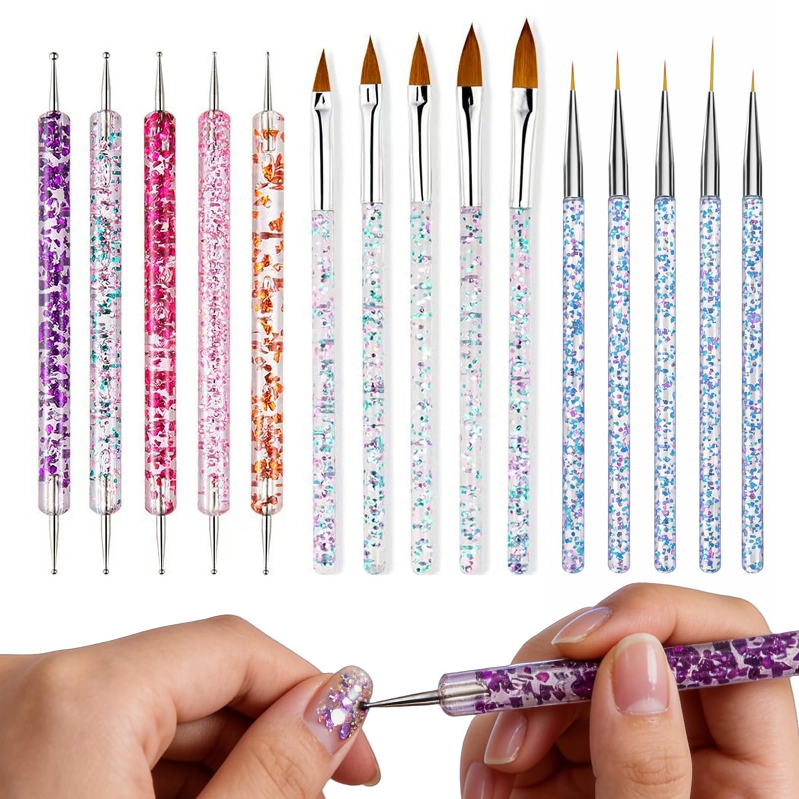 15 Pcs Pink Glitter Dotting Nail Art Brush Set Multi-Functional Complete Manicure Tool Kit for Home DIY