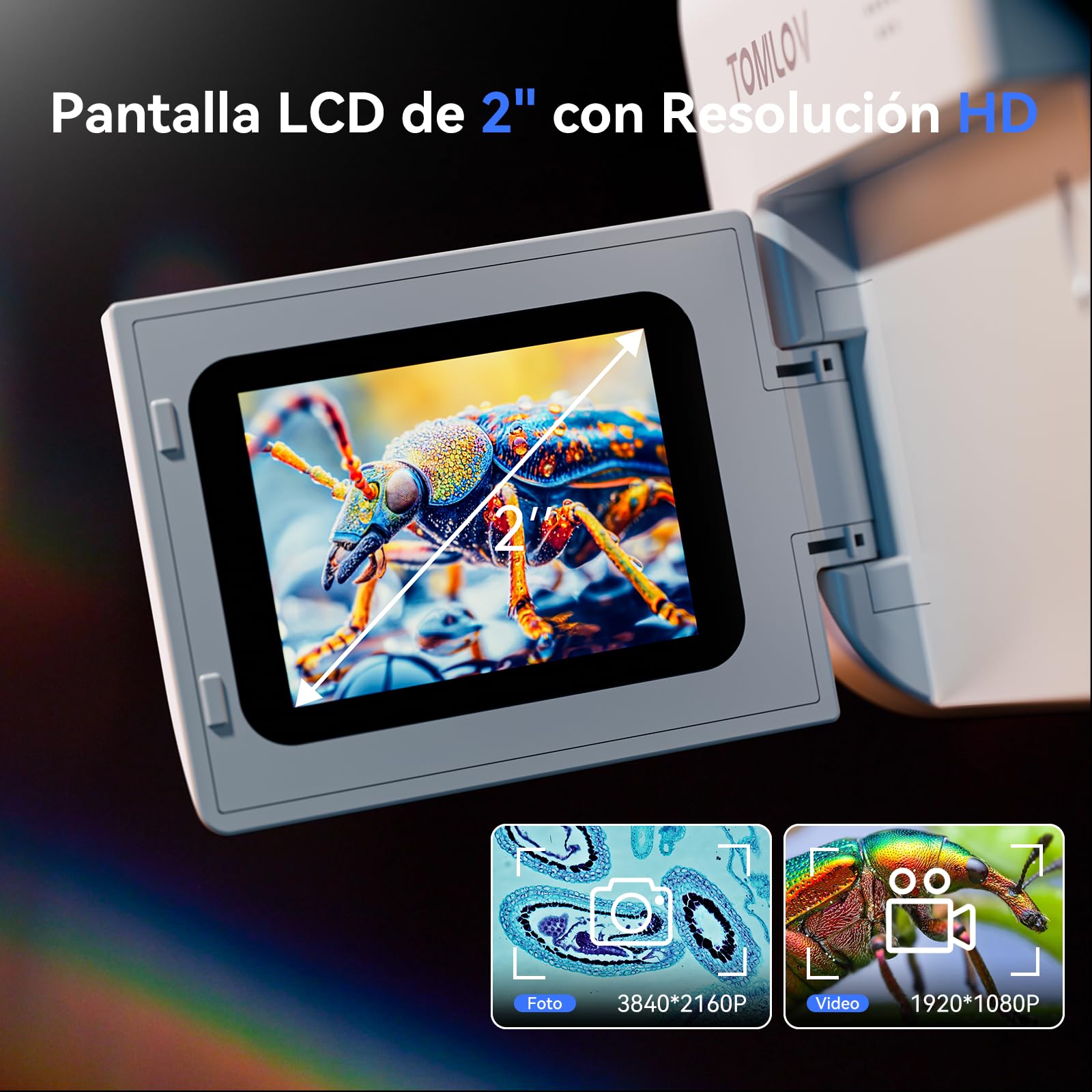 TOMLOV P20 Microscopio Digital Portátil para Niños, Miniscopio Multifuncional, Cámara DV 1080P Portátil con Pantalla LCD Plegable de 2", Compatible con MacOS y Windows, 4 Horas, 6 Preparaciones, 32GB