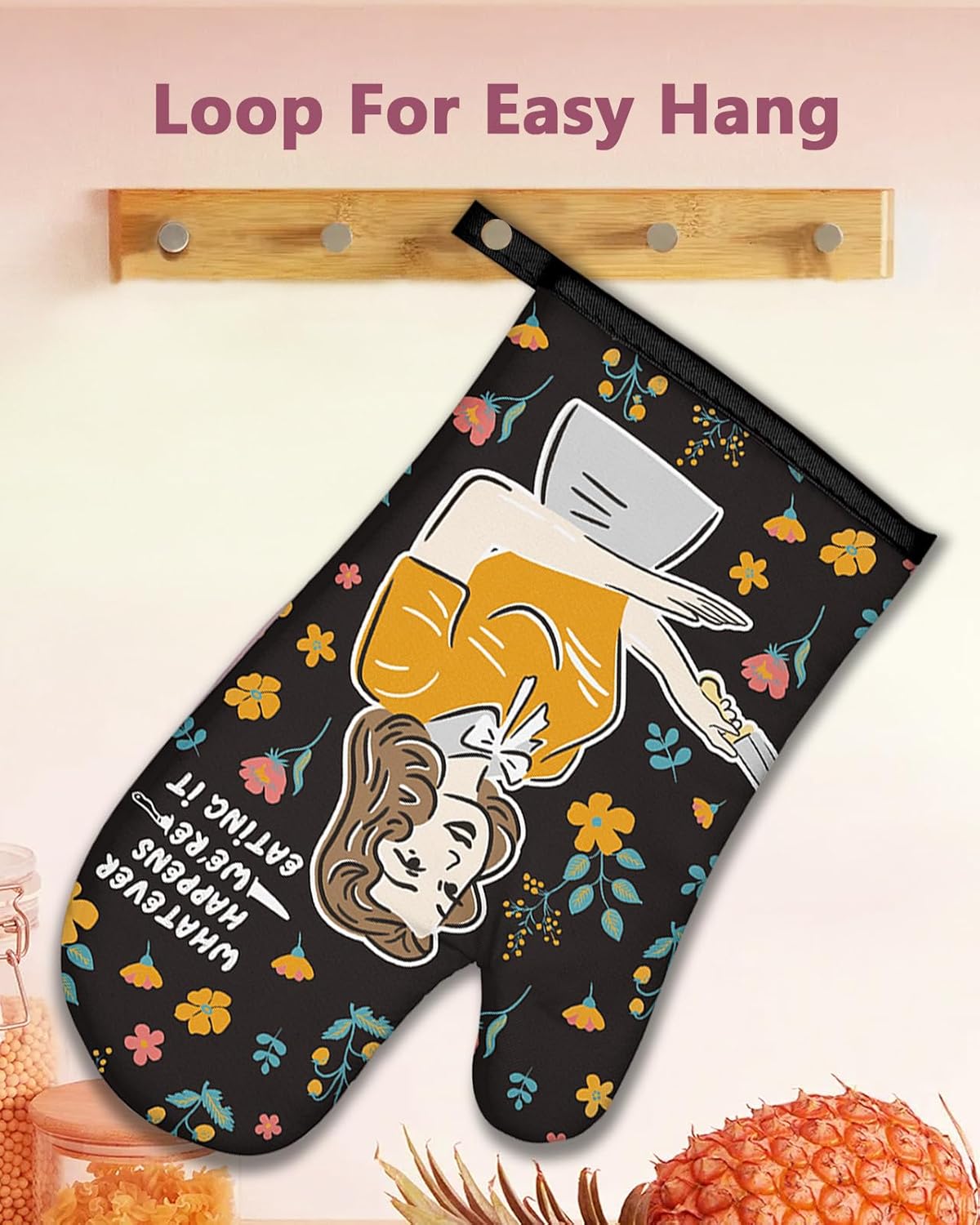 Swooflia Funny Oven Mitts Heat Resistant for Women - Cute Novelty Cool Long Heavy Duty Kitchen Cooking Baking Mittens Gloves Accessories 100% Cotton Thick Black