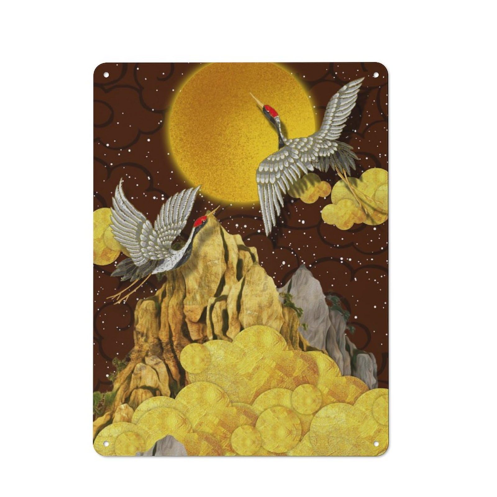 Junmoney Japanese Cranes Moon Gold For Lounge Or Reading Corner, Vintage Metal Sign 40X30cm, For Cooler-Season Styling In Lounge And Reading Corner
