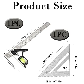 2 Pcs Squares Tool, Combination Tool Set 7inch Metric Triangle Ruler and 12inch Square Angle Ruler, Stainless for Accurate and Adjustable Square Woodworking Measurement