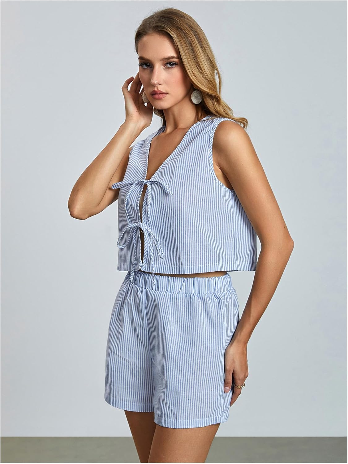 WDIRARA Women's Striped 2 Piece Outfits V Neck Bow Tie Front Tank Top Shorts Set Matching Clothes Set - Image 4