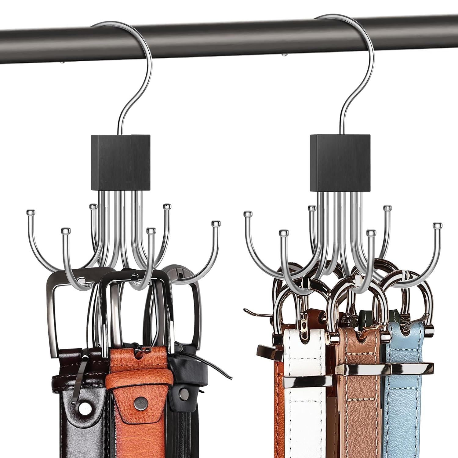 MosQuick® Set of 2 Belt Organiser for Wardrobe Stainless Steel 6 Hooks 360 Degree Rotating tie Organiser for Men Wardrobe Organizer for Storage Multipurpose Hanging Hooks for Bags Belts Scarves tie-image-21