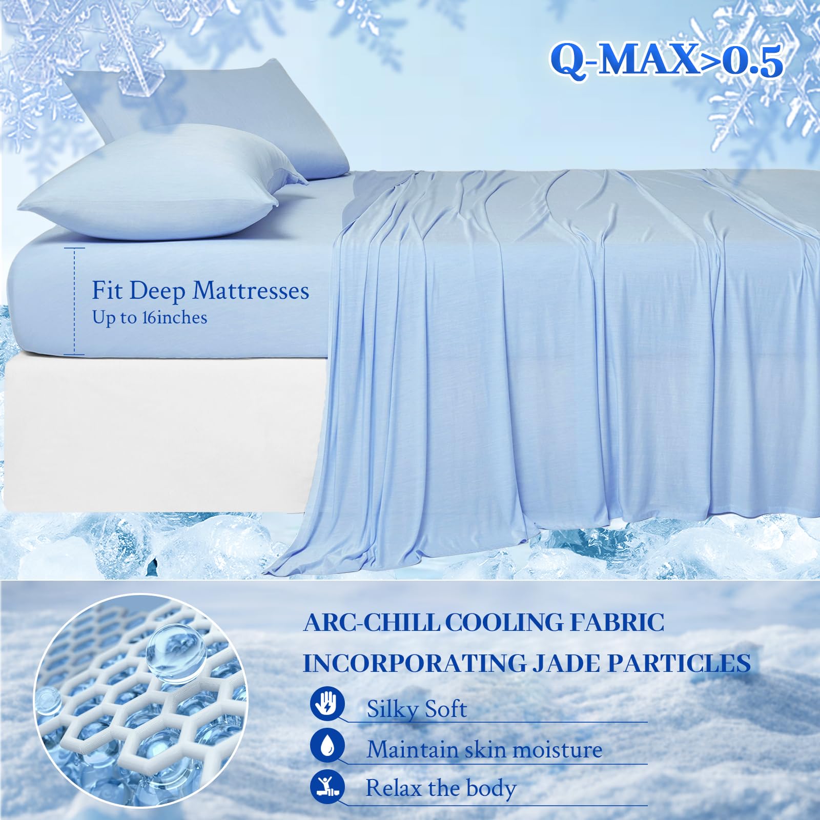 YIYEA Arc-Chill Q-Max - Set di lenzuola rinfrescanti per chi dorme caldo, sottili e traspiranti, con 2 chiusure per lenzuola, con tasca profonda fino a 16 cm, per letto king size