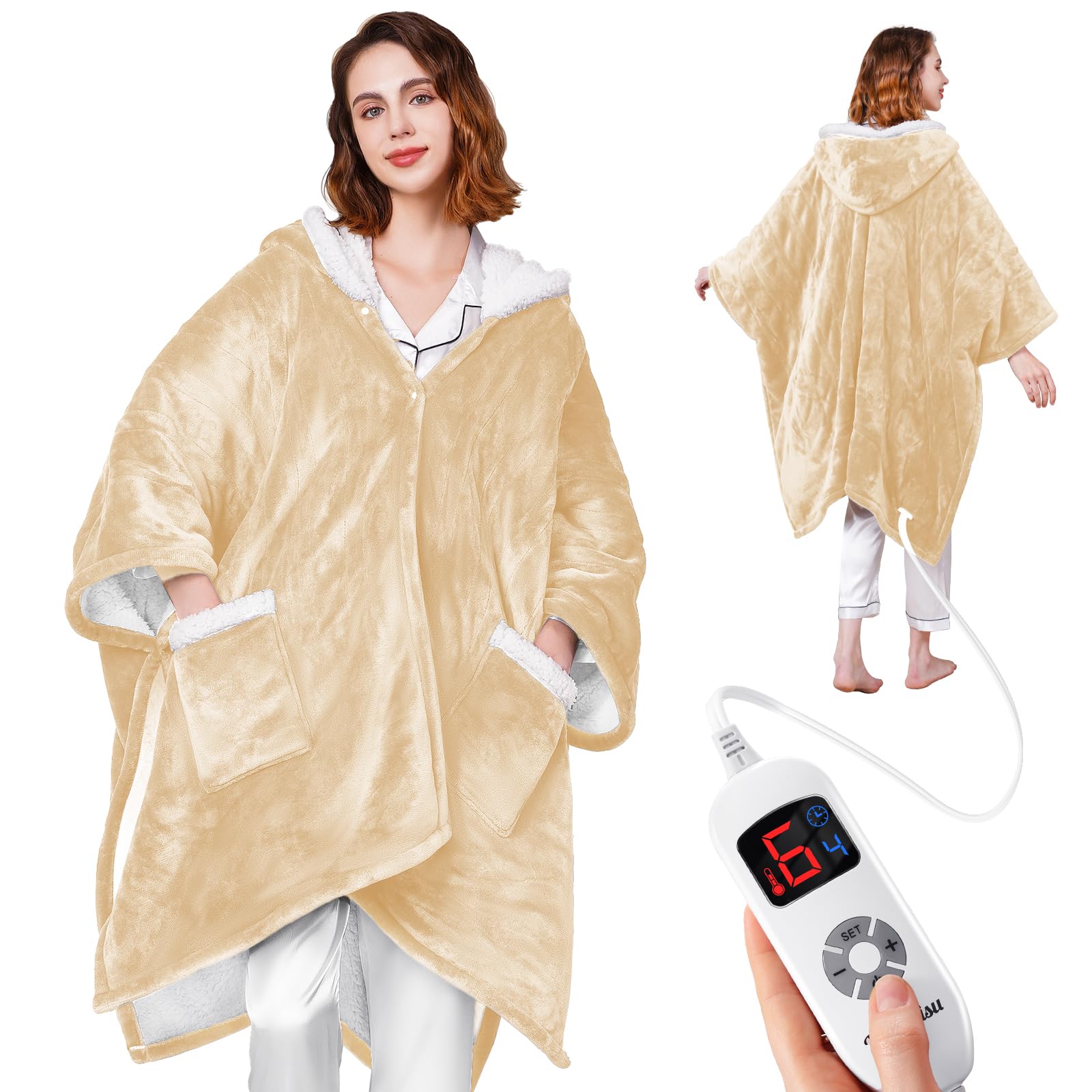 Yokimisu Heated Blanket Wearable - Cozy Gift for Women, Mom, Men| Reversible Flannel & Sherpa Electric Wrap with Pockets & Hood, 6 Heat Levels, 1-4H Timer, ETL Safe, Machine Wash, 50"x70" Beige