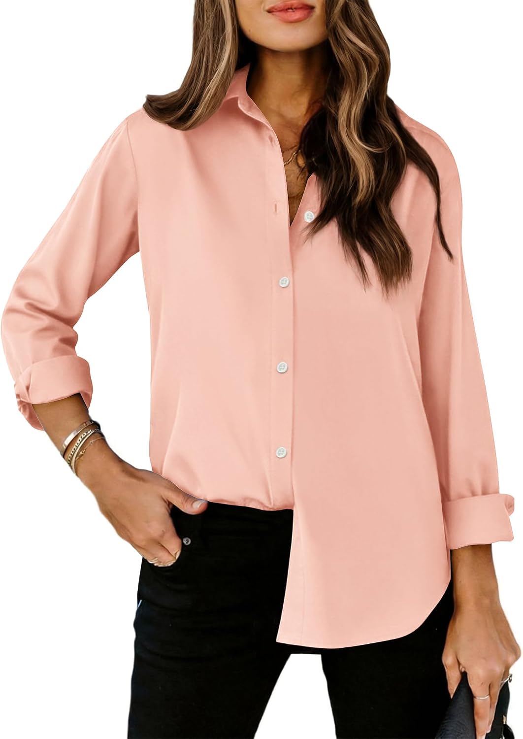 siliteelon Womens Button Down Shirts Cotton Striped Dress Shirt Long Sleeve Collared Office Work Blouses Tops