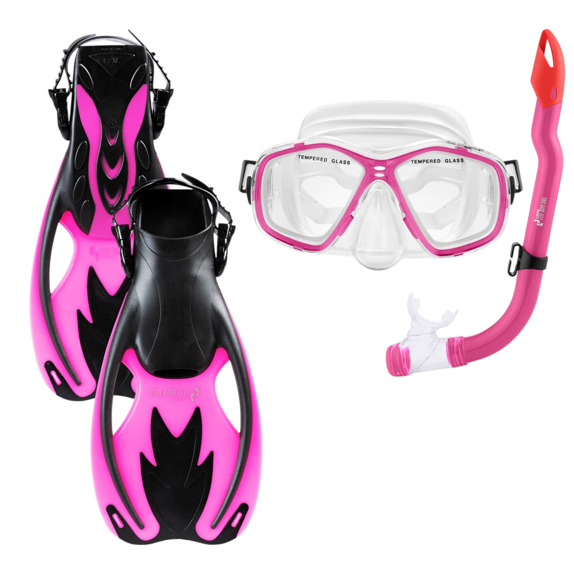 Two Bare Feet Snorkel, Mask and Fins/Flippers PVC Diving Set (Kids) With Anti Fog and Wide View Mask, Anti-Leak, Tempered Glass- Scuba Dive Snorkelling Sets (L/XL (UK 1-4), Pink)