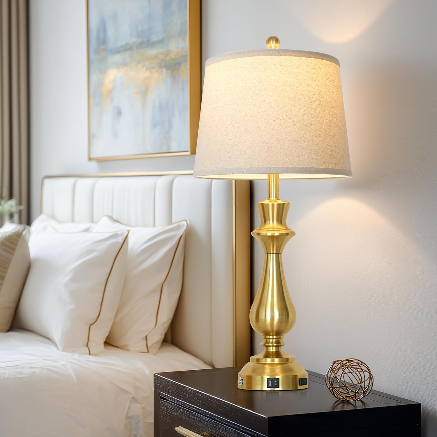 Touch Lamps for Night Stands Set of 2-29.5" Tall Bedside Lamp with USB C+A, 3 Way Dimmable Bedroom Lamps, Gold Metal Table Lamps for Living Room