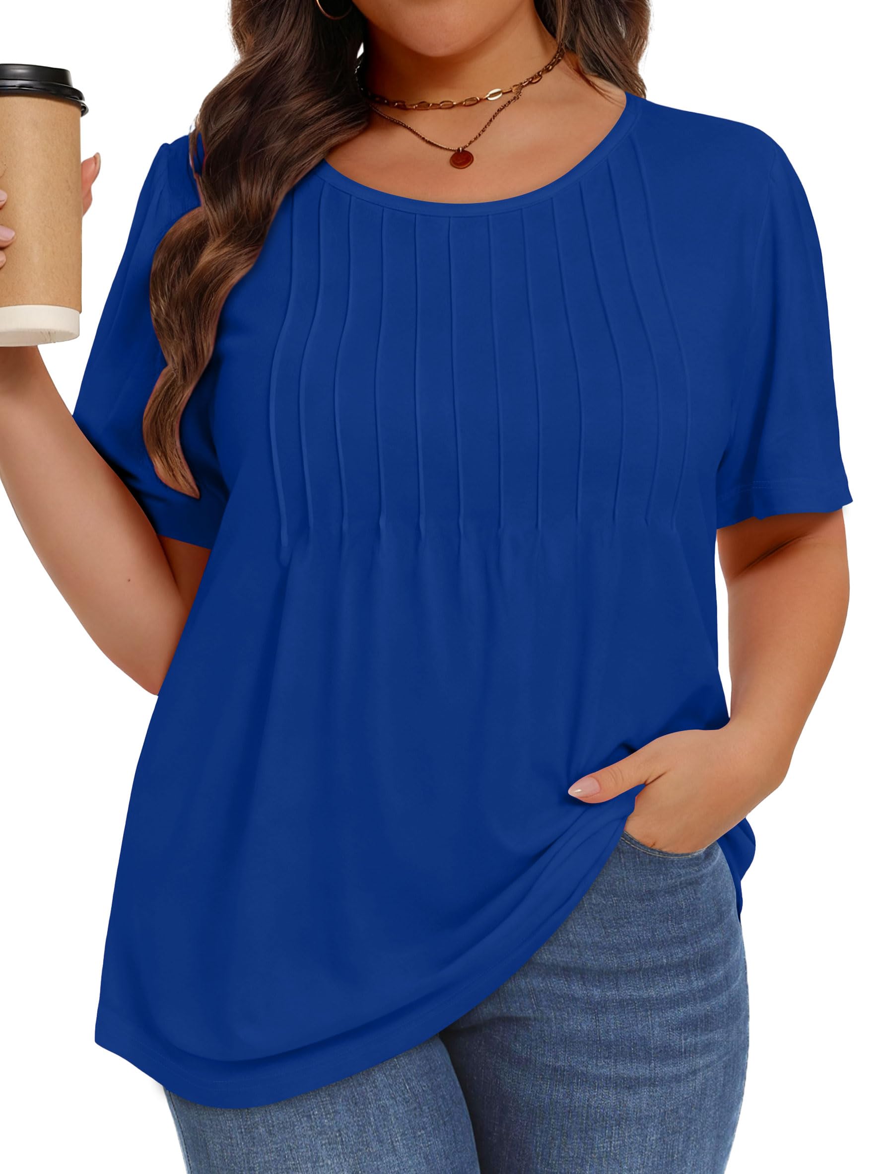 Plus Size Tops for Women Summer Pleated Short Sleeve Shirts Casual Blouses