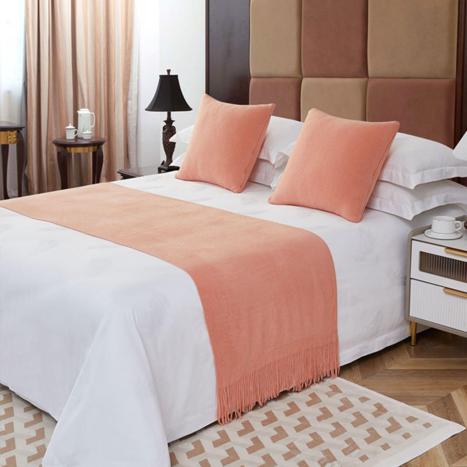 LEEMQCYA Bed Runners Tassels Pink Bed Scarf Hotel Bed Towel Bedspread Decoration Bedding Cover Protection for Single Double Super King Size Bed, 60X210cm