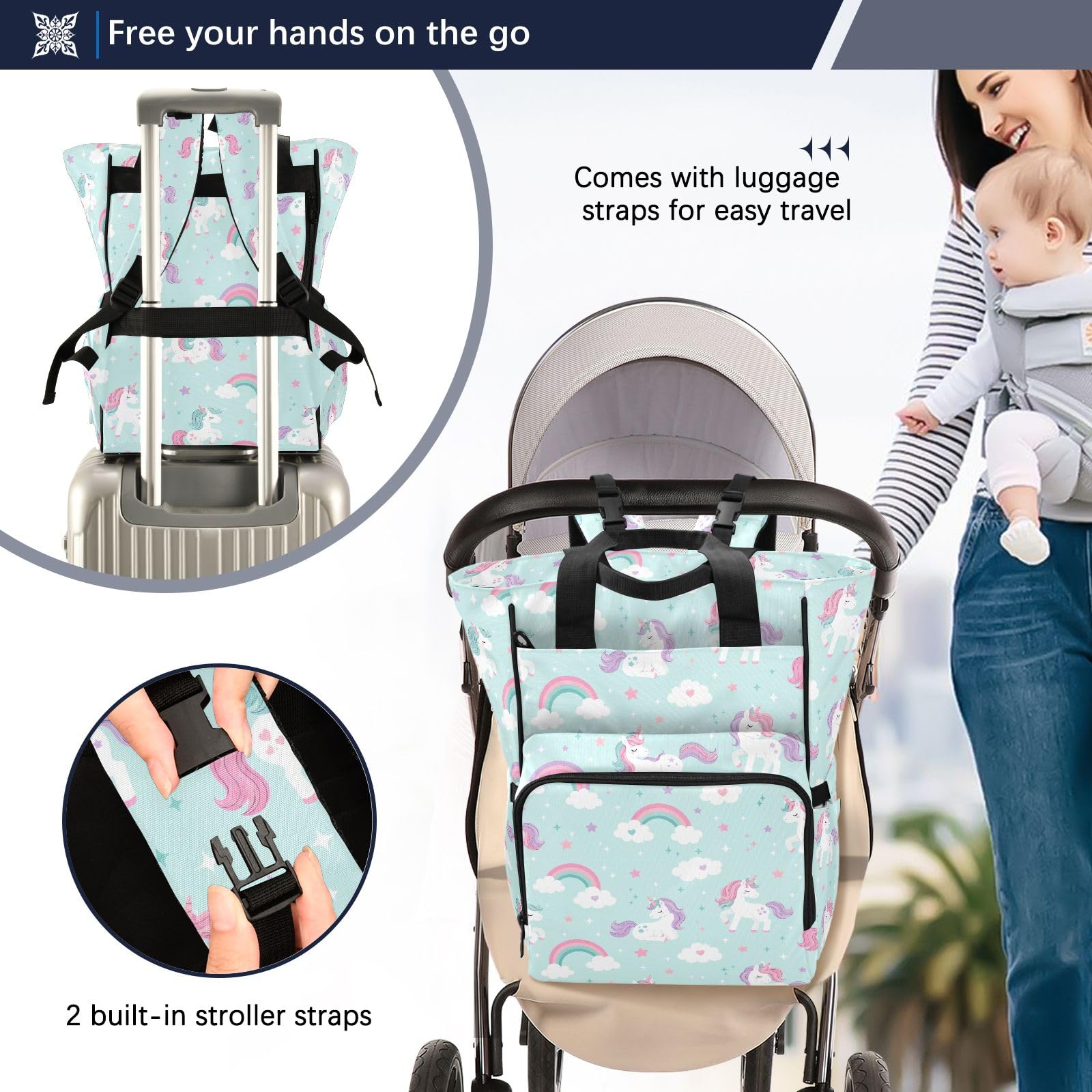 Mnsruu Zaino grande per pannolini con unicorno, impermeabile, da viaggio, per mamme e papà