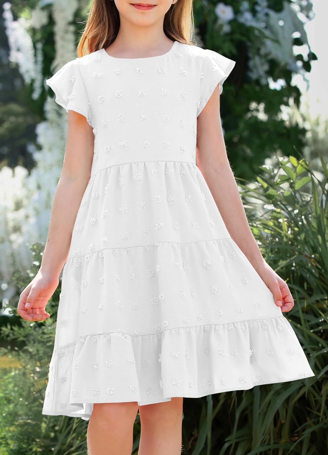 HOSIKA Girls Summer Cute Swiss Dot Flutter Sleeve Boho A Line Swing Tiered Casual Holiday Dress for 6-12 Years - Image 2