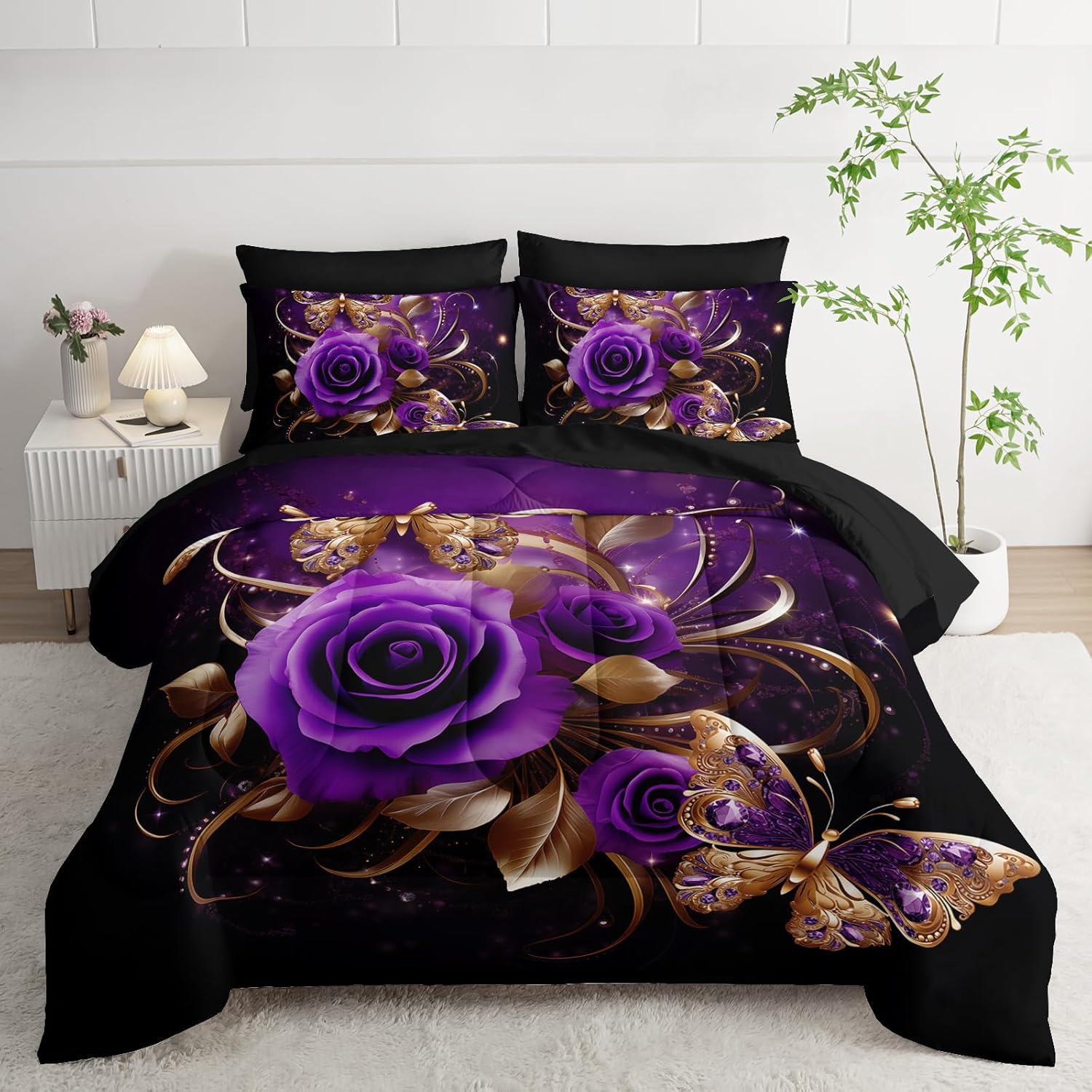 AILONEN Gold Purple Rose Flower Comforter Set Queen - 7Pcs Soft Floral Butterfly Bed in a Bag -Girls Rose Comforter,Fitted Sheet,Flat Sheet,2 Pillowcases,2 Pillow Shams for Women