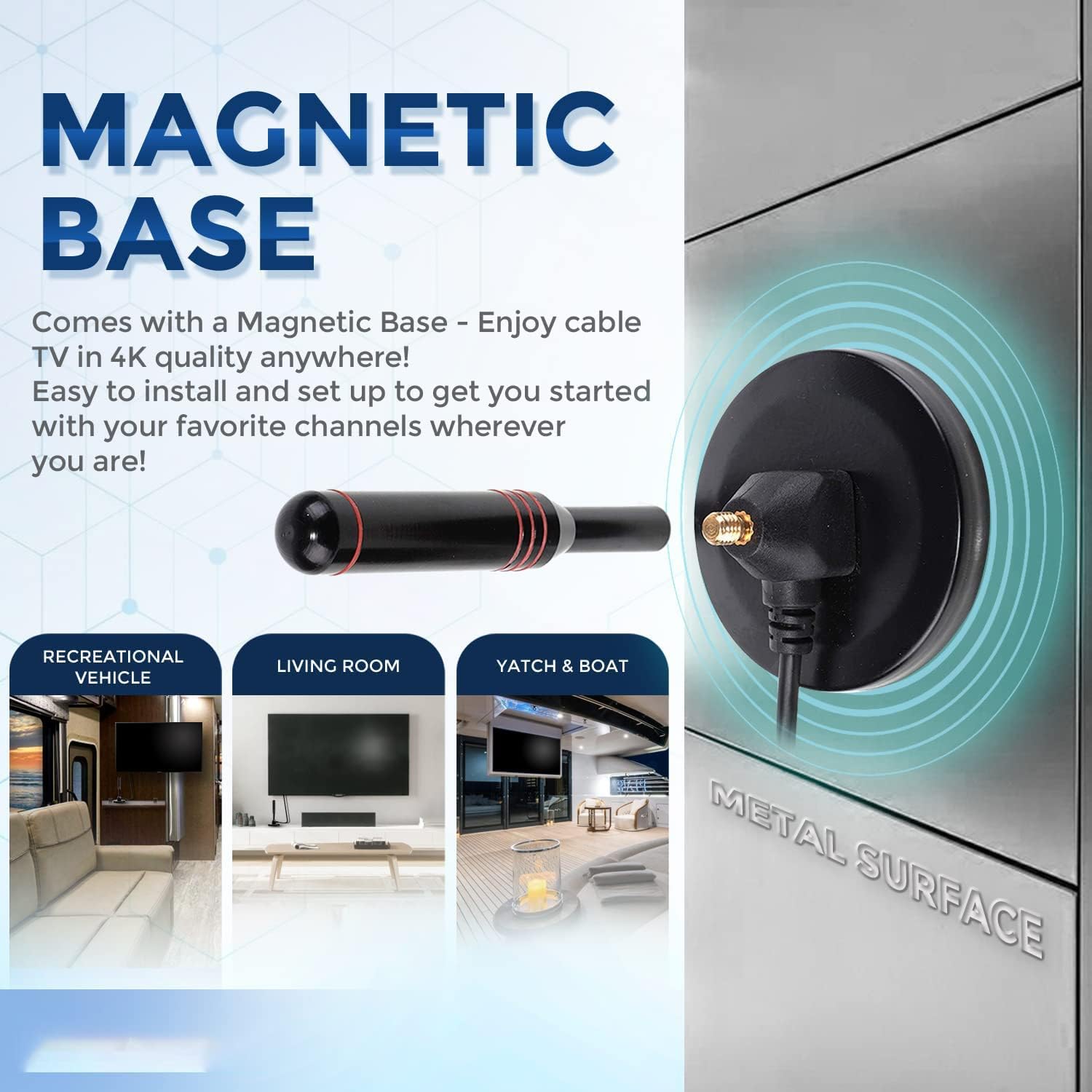 Antenna TV Interna, Antenna TV Interna HDTV Digitale 500+ Miglia Amplificata con Base Magnetica/Amplificatore di Segnale Support 4K HD/1080P/VHF/UHF per Home Smart Televisione/Radio, Cavo Coassiale 5M