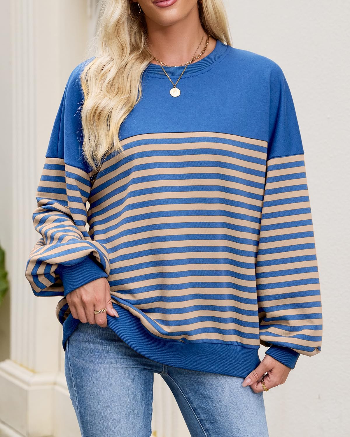 HEYTALALA Womens Oversized Striped Sweatshirts Y2K Long Sleeve Crewneck Sweater Color Block Drop Shoulder Loose Pullover Tops - Image 5