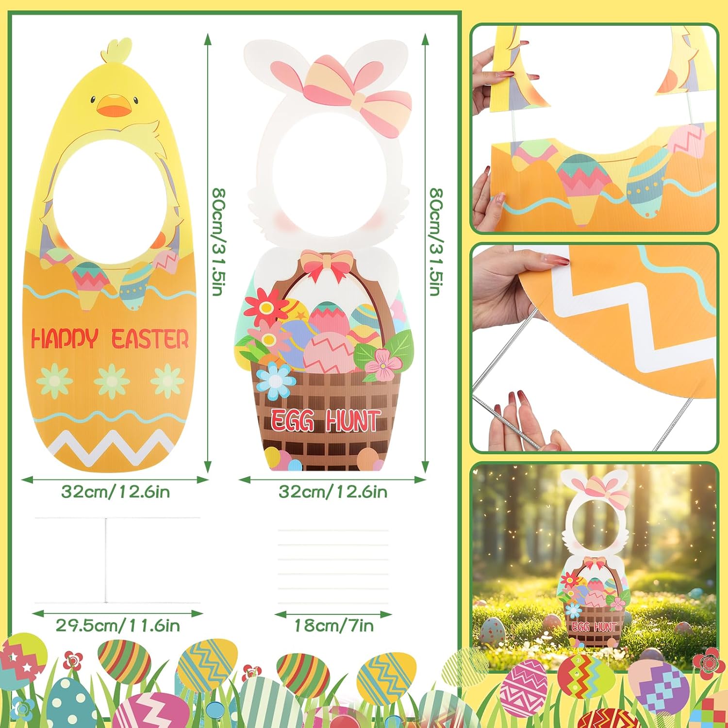2 PCS Easter Face Yard Signs Decorations Large Easter Yard Signs Cute Bunny & Chick Yard Sign with Stakes Easter Lawn Sign Decorations for Garden Props Holiday Easter Egg Hunt Lawn